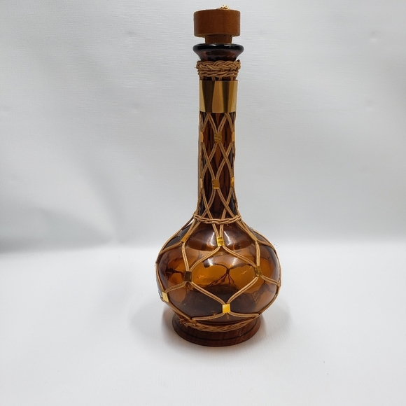Vintage Carafe Bottle Hand Made Brown Amber  Glass Wicker Boho - Picture 3 of 16